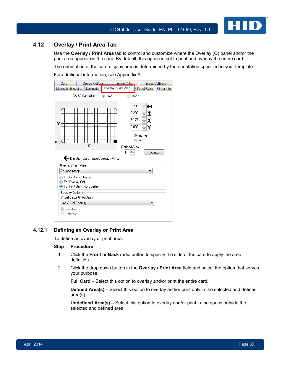 12 overlay / print area tab, 1 defining an overlay or print area, Overlay / print area tab | Defining an overlay or print area | HID DTC4500e User Guide User Manual | Page 65 / 90
