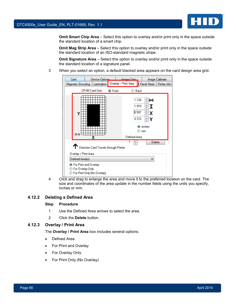 2 deleting a defined area, 3 overlay / print area, Deleting a defined area | Overlay / print area | HID DTC4500e User Guide User Manual | Page 66 / 90