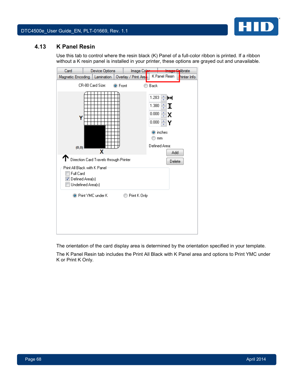 13 k panel resin, K panel resin | HID DTC4500e User Guide User Manual | Page 68 / 90