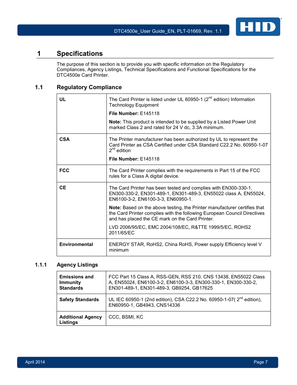 1 specifications, 1 regulatory compliance, 1 agency listings | Regulatory compliance, Agency listings, 1specifications | HID DTC4500e User Guide User Manual | Page 7 / 90