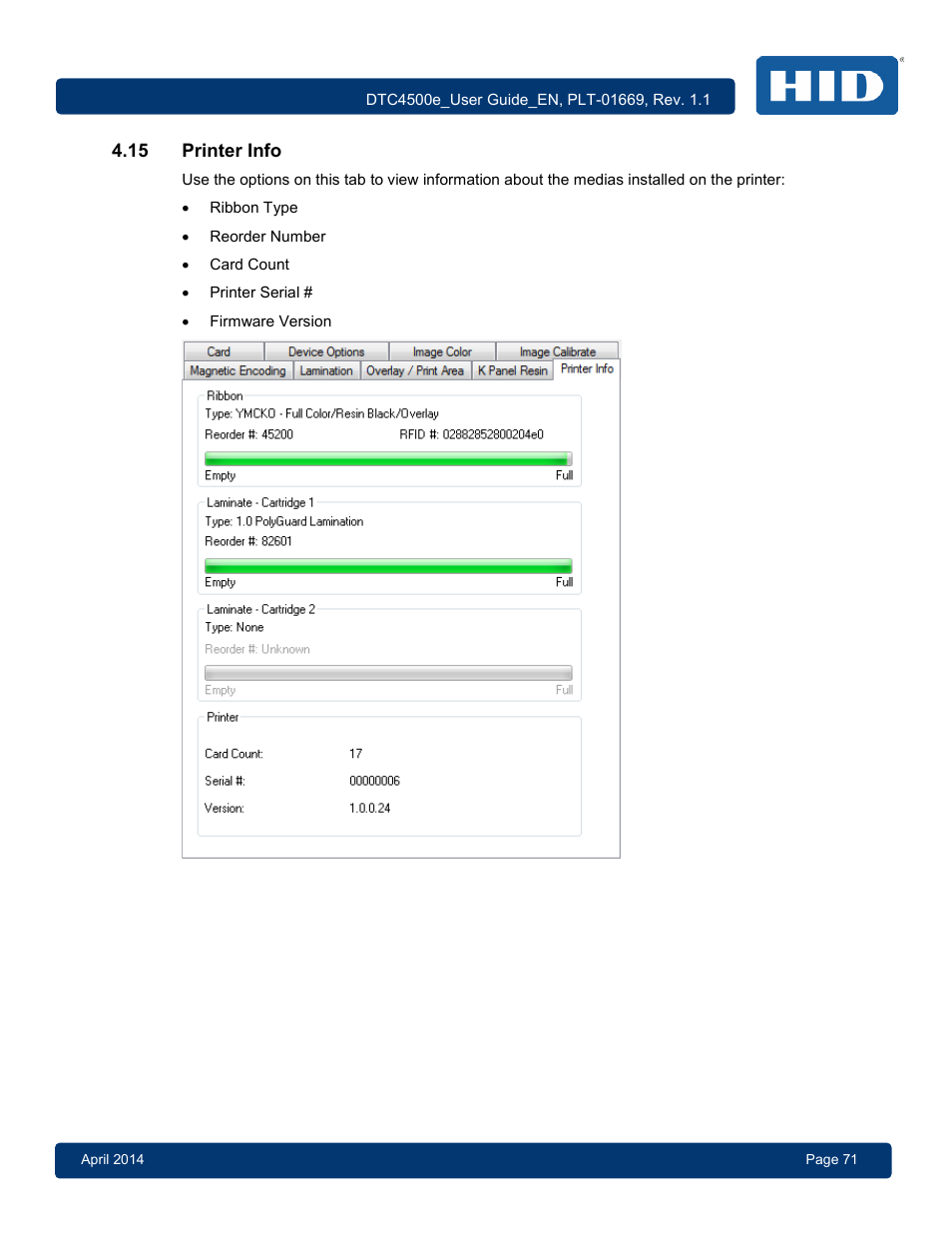 15 printer info, Printer info | HID DTC4500e User Guide User Manual | Page 71 / 90