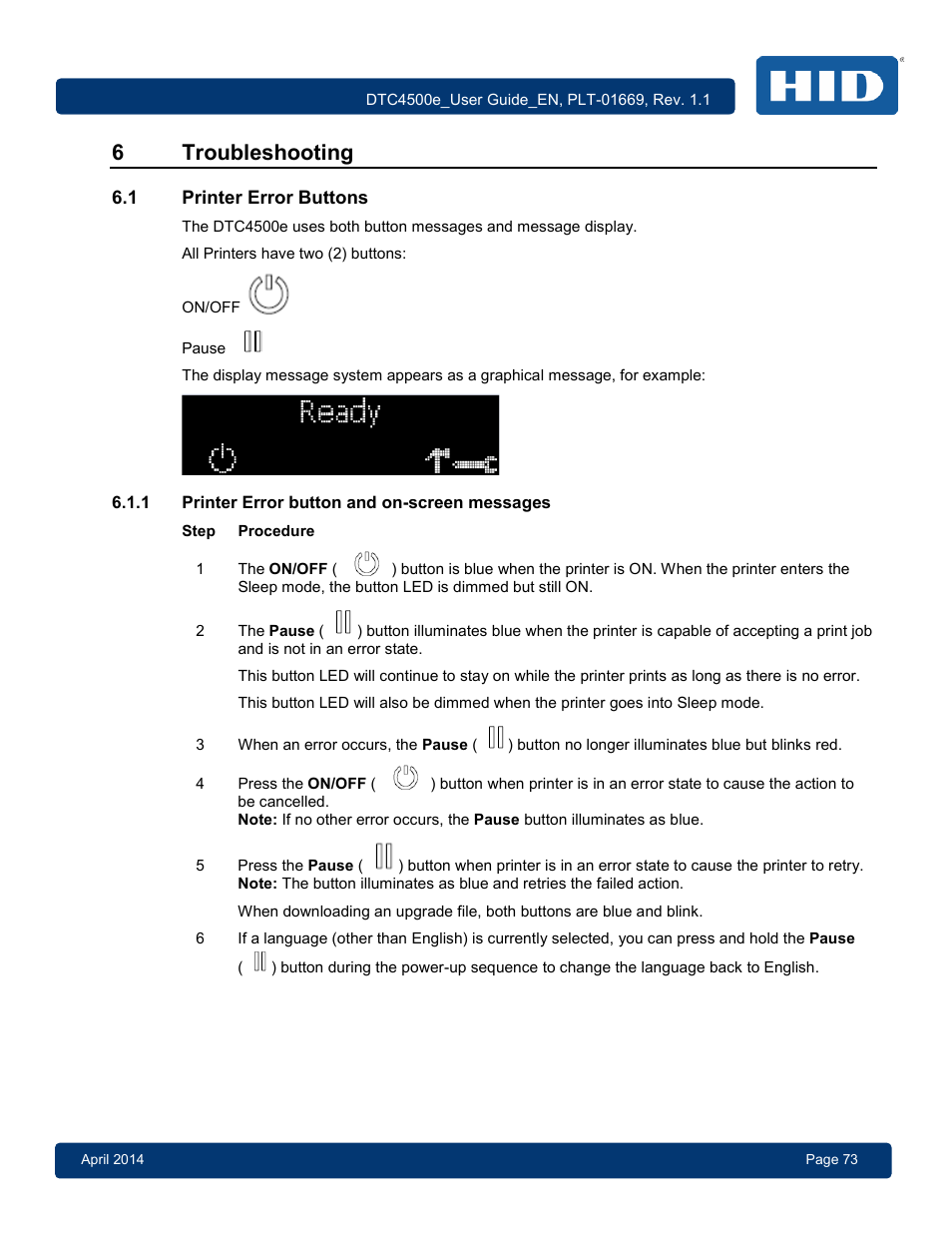 6 troubleshooting, 1 printer error buttons, 1 printer error button and on-screen messages | Printer error buttons, Printer error button and on-screen messages, 6troubleshooting | HID DTC4500e User Guide User Manual | Page 73 / 90