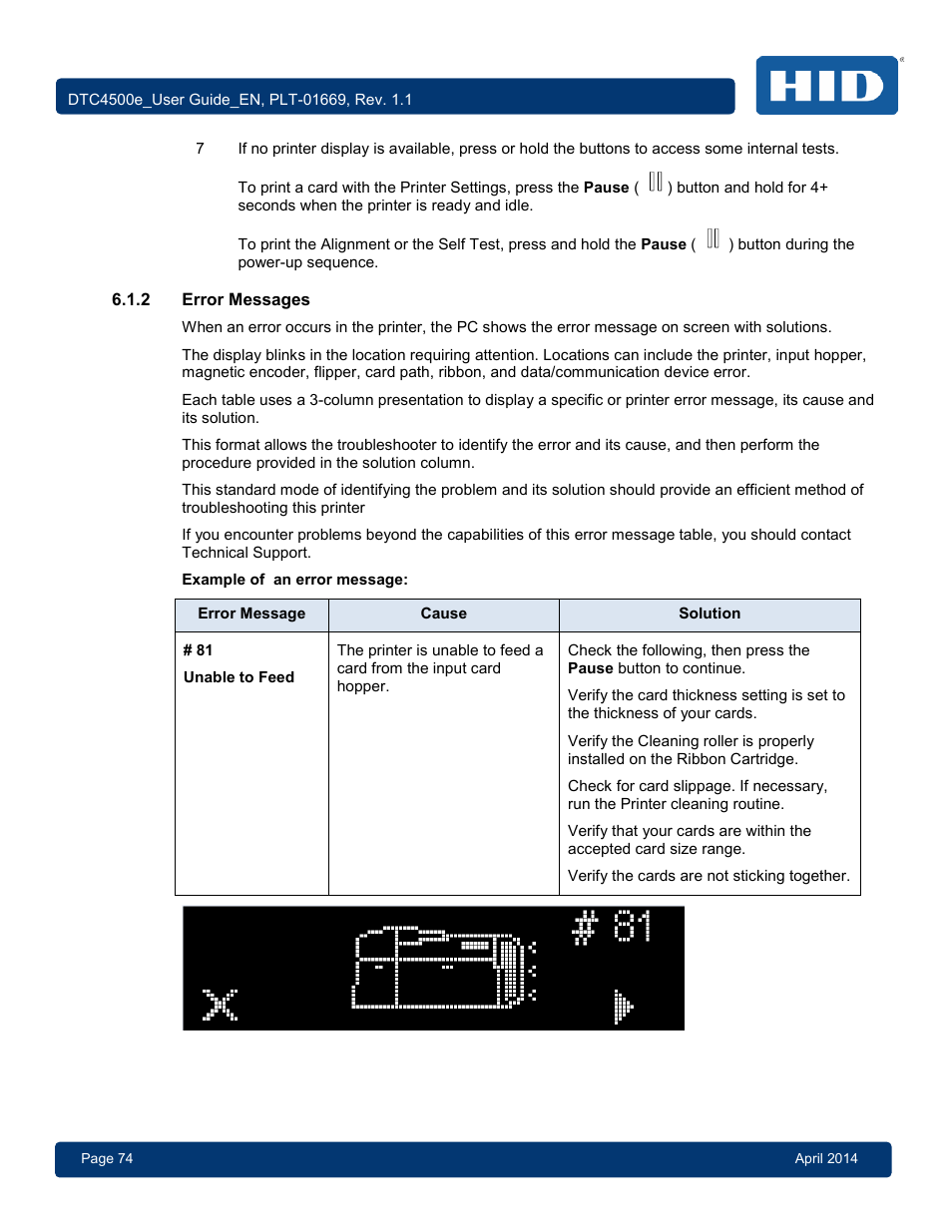 2 error messages, Error messages | HID DTC4500e User Guide User Manual | Page 74 / 90
