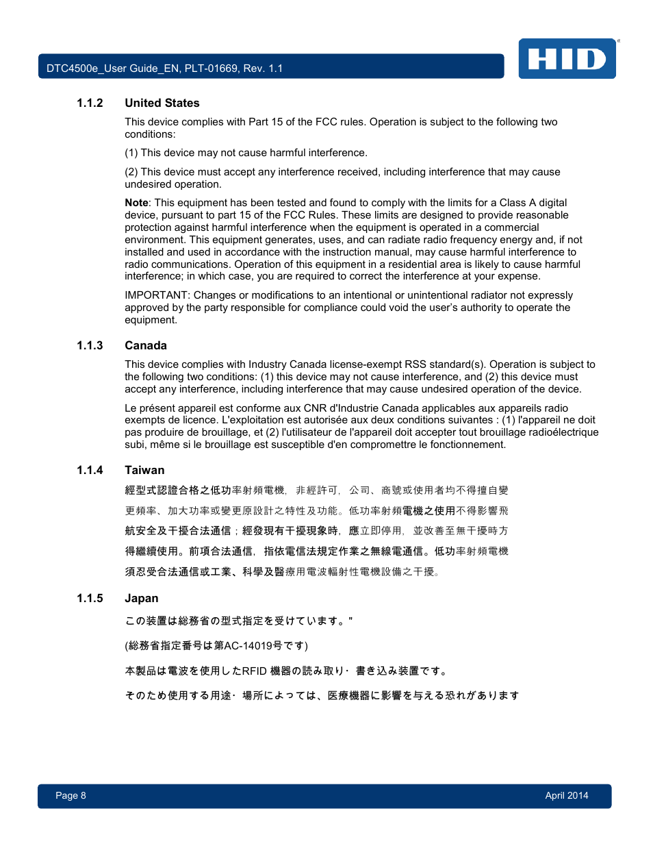 2 united states, 3 canada, 4 taiwan | 5 japan, United states, Canada, Taiwan, Japan | HID DTC4500e User Guide User Manual | Page 8 / 90