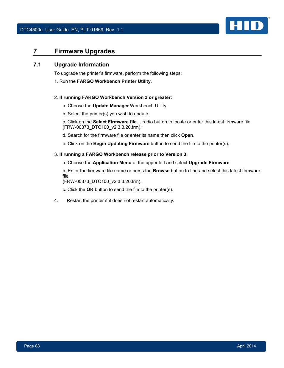 7 firmware upgrades, 1 upgrade information, 7firmware upgrades | HID DTC4500e User Guide User Manual | Page 88 / 90