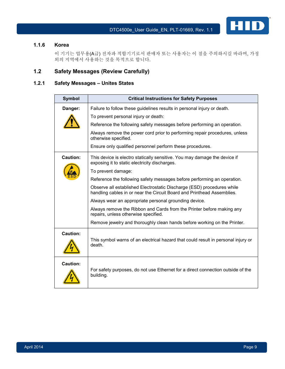 6 korea, 2 safety messages (review carefully), 1 safety messages – unites states | Korea, Safety messages (review carefully), Safety messages – unites states | HID DTC4500e User Guide User Manual | Page 9 / 90