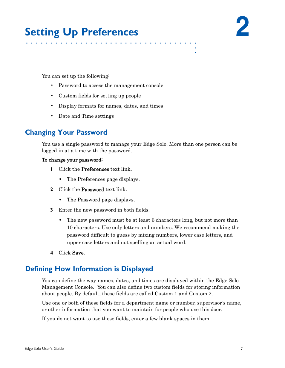 Setting up preferences, Changing your password, Defining how information is displayed | HID EDGE Solo v110 User Guide User Manual | Page 11 / 52