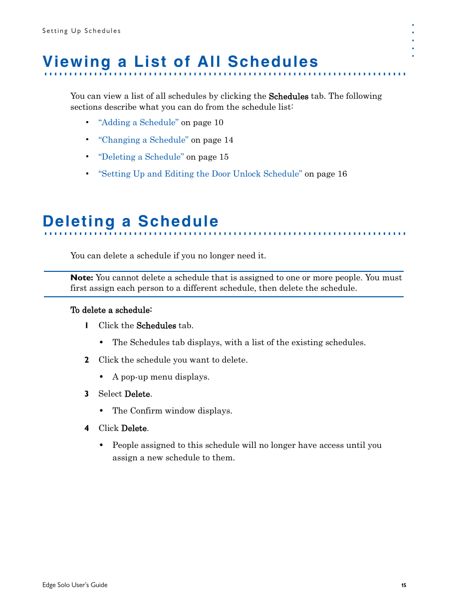 Viewing a list of all schedules, Deleting a schedule | HID EDGE Solo v110 User Guide User Manual | Page 19 / 52