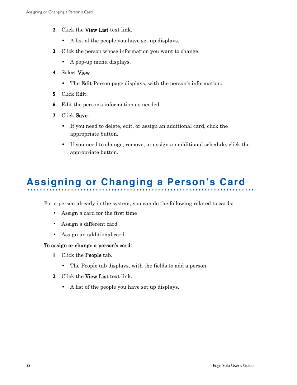 Assigning or changing a person’s card, Ter, see, Assigning or changing a | Person’s card | HID EDGE Solo v110 User Guide User Manual | Page 26 / 52