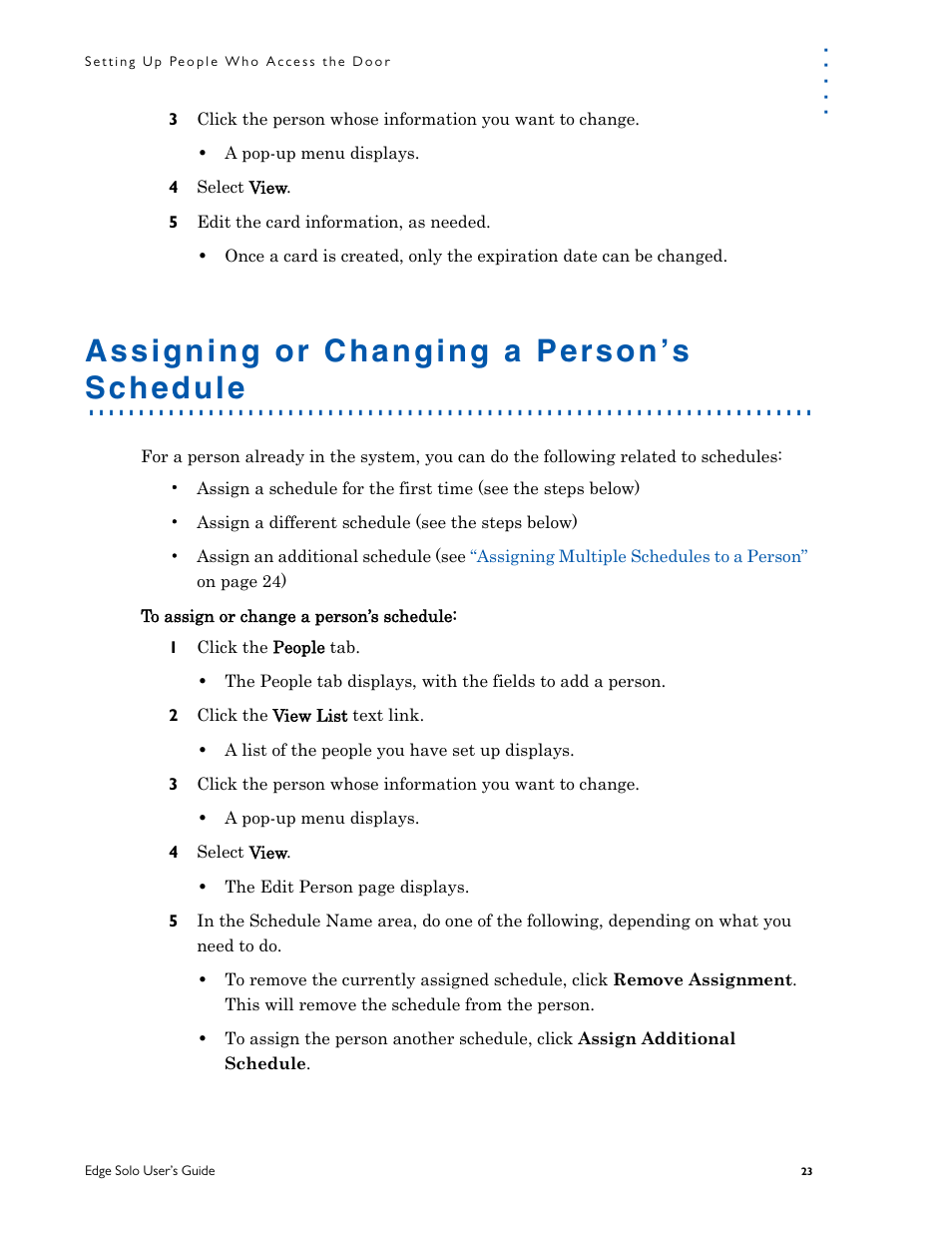 Assigning or changing a person’s schedule, Ation see | HID EDGE Solo v110 User Guide User Manual | Page 27 / 52