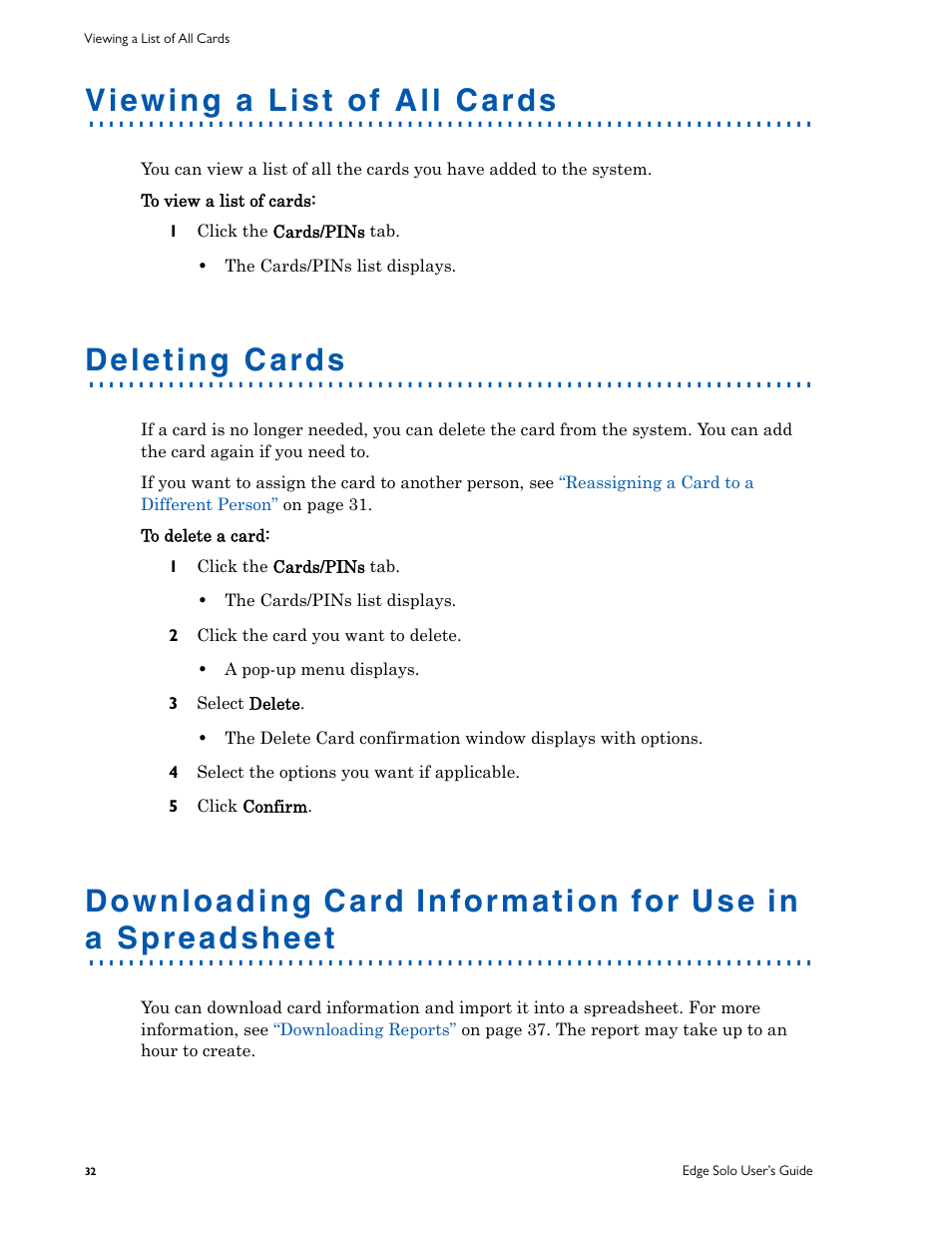 Viewing a list of all cards, Deleting cards | HID EDGE Solo v110 User Guide User Manual | Page 36 / 52