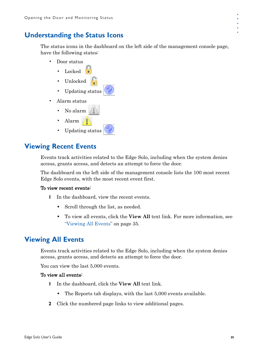 Understanding the status icons, Viewing recent events, Viewing all events | HID EDGE Solo v110 User Guide User Manual | Page 39 / 52