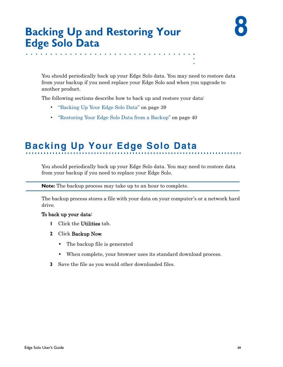 Backing up and restoring your edge solo data, Backing up your edge solo data, Backing up and restoring your | Edge solo data | HID EDGE Solo v110 User Guide User Manual | Page 43 / 52