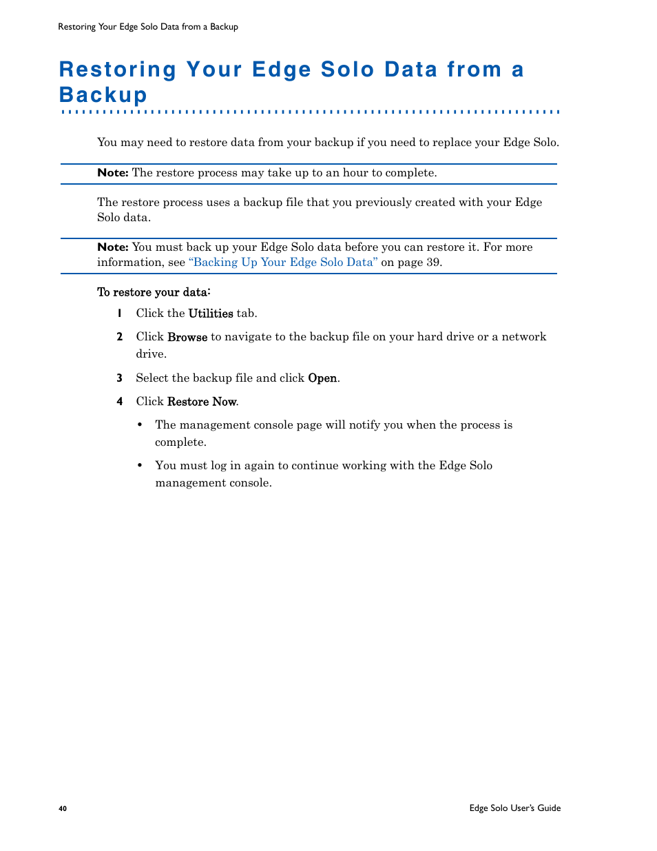 Restoring your edge solo data from a backup | HID EDGE Solo v110 User Guide User Manual | Page 44 / 52