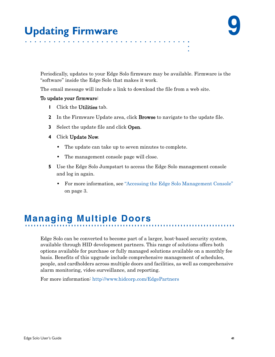 Updating firmware, Managing multiple doors | HID EDGE Solo v110 User Guide User Manual | Page 45 / 52