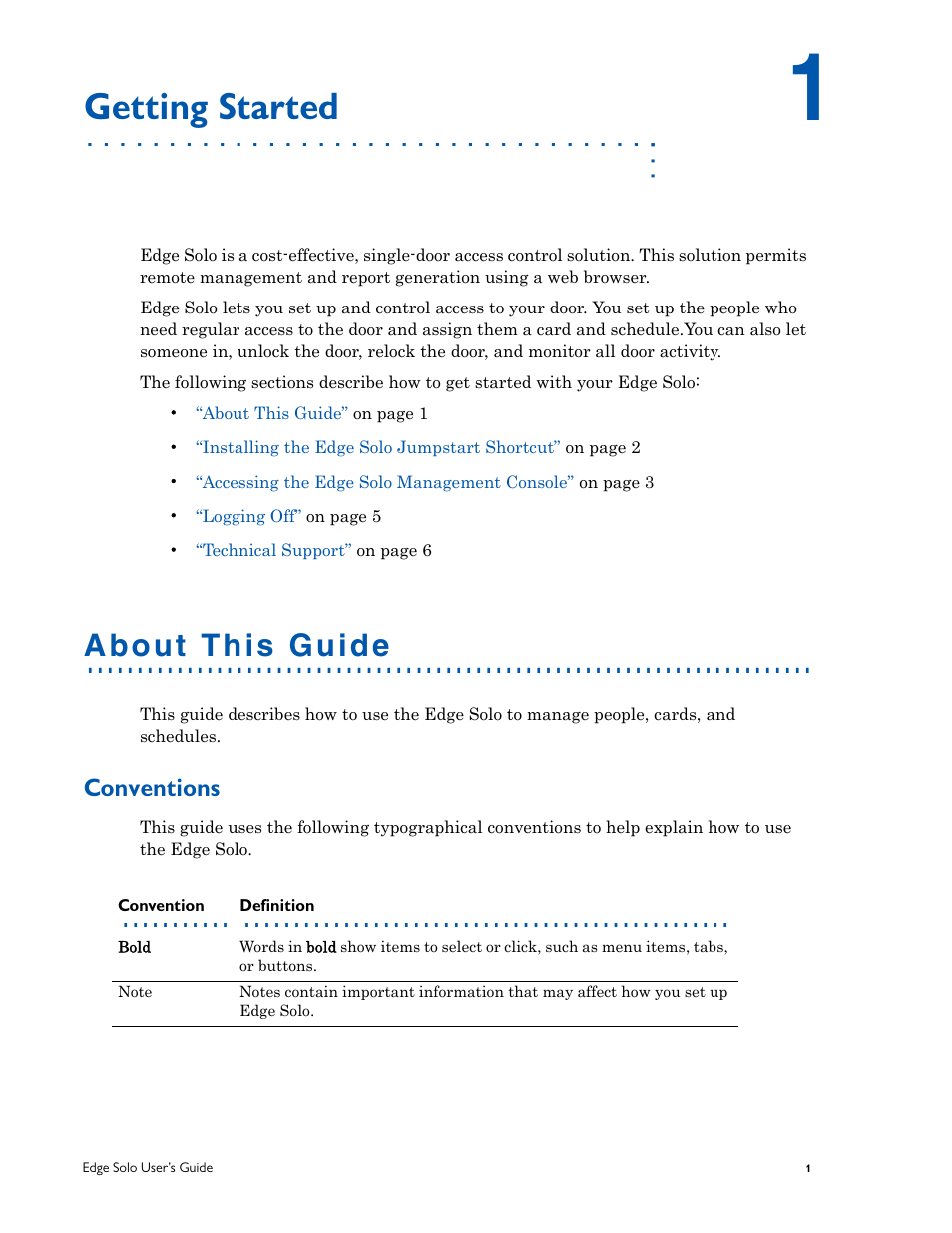 Getting started, About this guide, Conventions | HID EDGE Solo v110 User Guide User Manual | Page 5 / 52