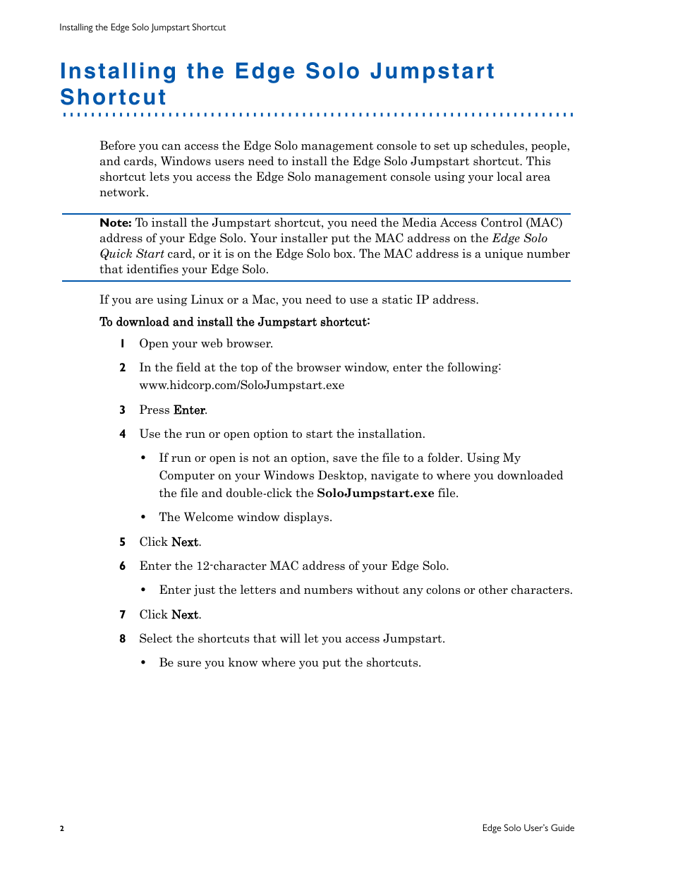 Installing the edge solo jumpstart shortcut | HID EDGE Solo v110 User Guide User Manual | Page 6 / 52