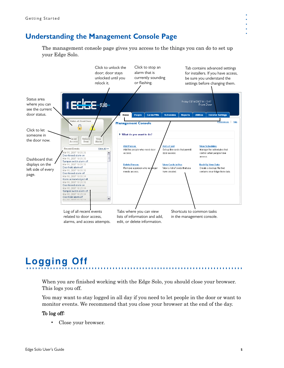 Logging off, Understanding, Understanding the management console page | HID EDGE Solo v110 User Guide User Manual | Page 9 / 52