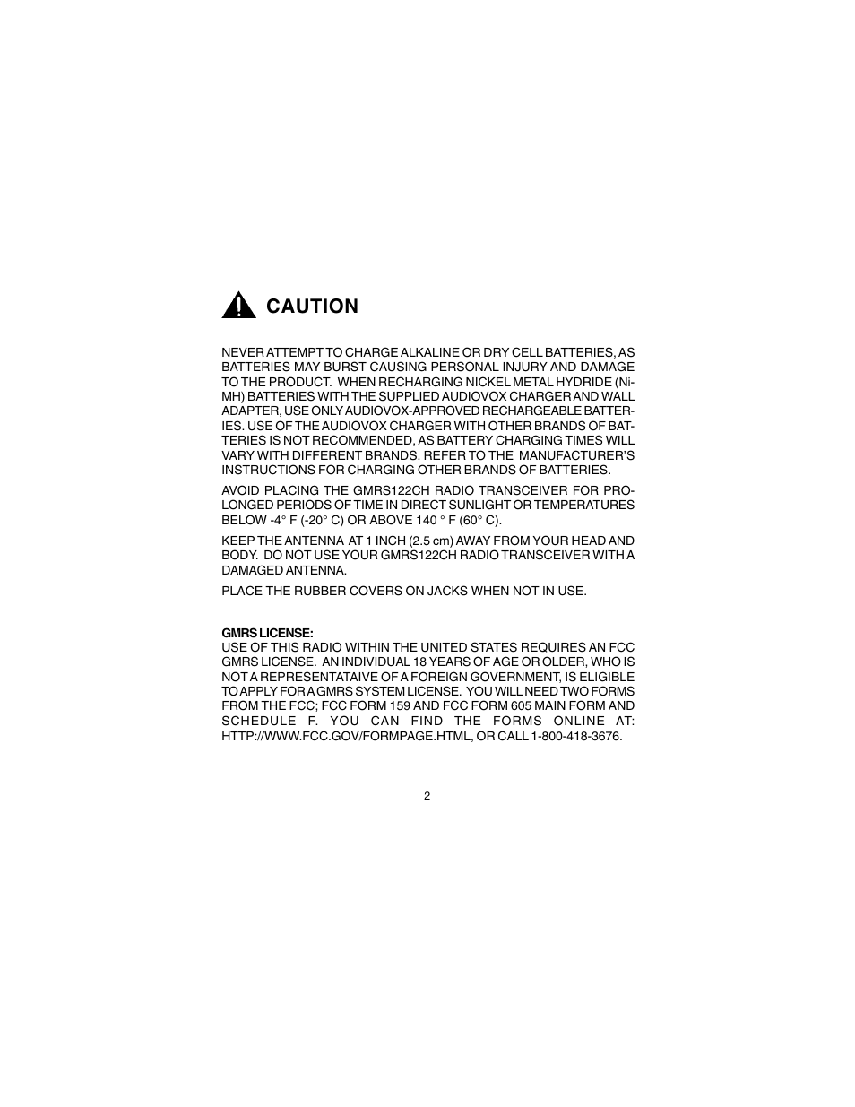 Caution | Audiovox GMRS122CH User Manual | Page 2 / 24