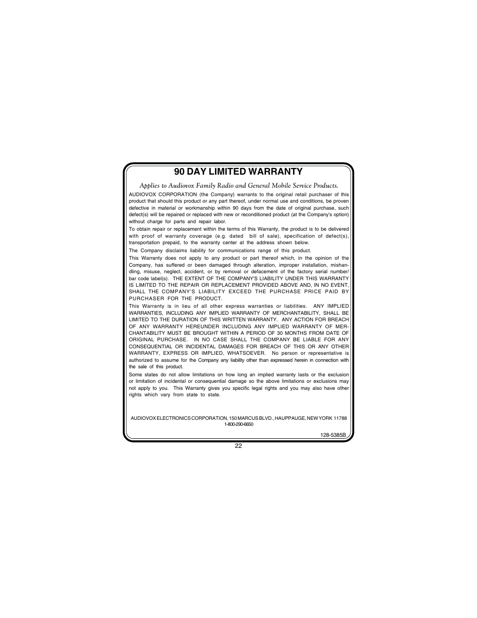 90 day limited warranty | Audiovox GMRS122CH User Manual | Page 22 / 24