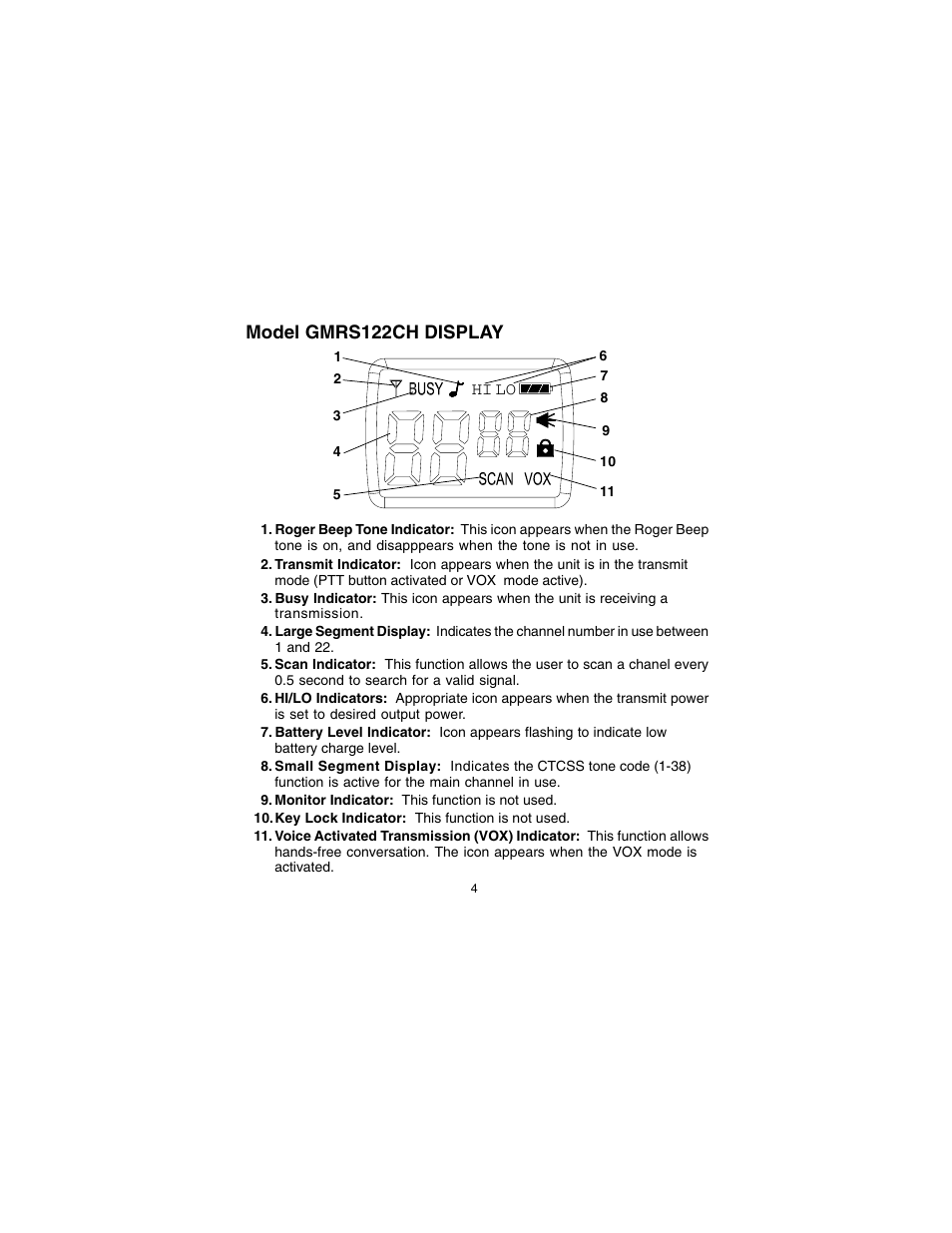Model gmrs122ch display | Audiovox GMRS122CH User Manual | Page 4 / 24