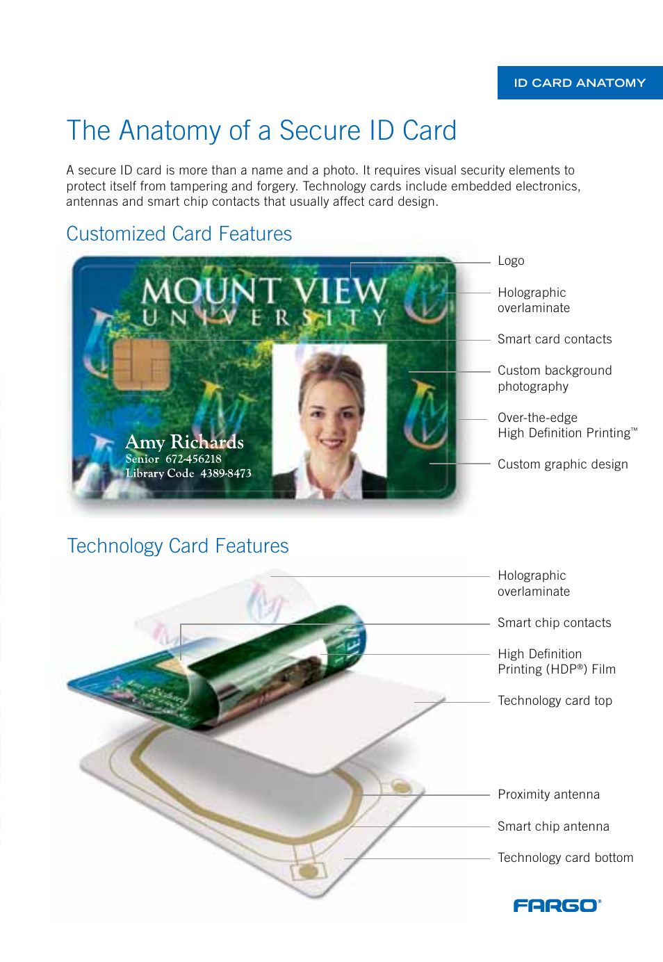 The anatomy of a secure id card, Technology card features, Customized card features | HID FARGO Card Design Guide User Manual | Page 3 / 28