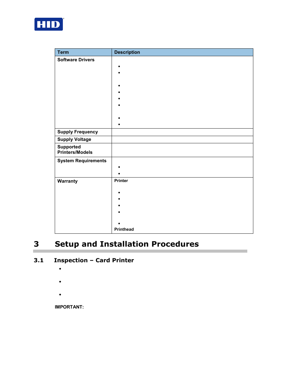 3 setup and installation procedures, 1 inspection – card printer, 3setup and installation procedures | HID FARGO HDP5000 User Guide User Manual | Page 12 / 100