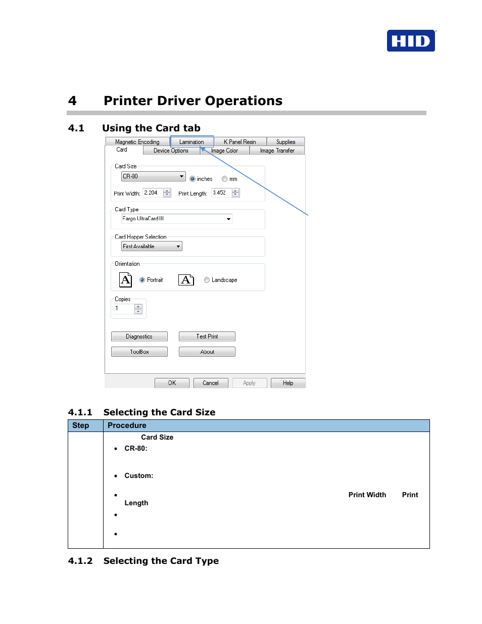 4 printer driver operations, Using the card tab, 1 selecting the card size | 2 selecting the card type, 4printer driver operations, 1 using the card tab | HID FARGO HDP5000 User Guide User Manual | Page 13 / 100