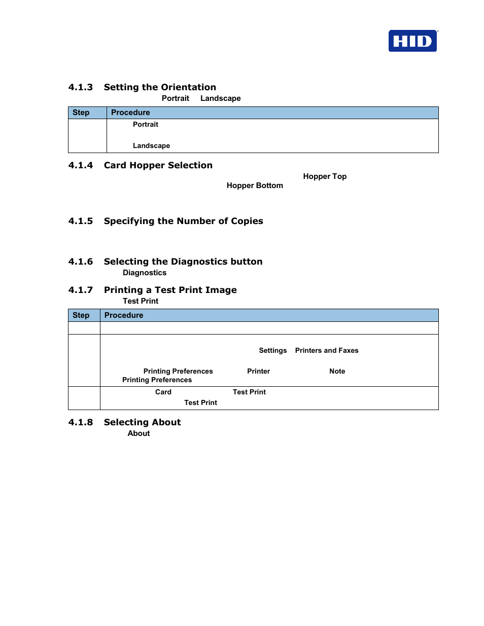3 setting the orientation, 4 card hopper selection, 5 specifying the number of copies | 6 selecting the diagnostics button, 7 printing a test print image, 8 selecting about | HID FARGO HDP5000 User Guide User Manual | Page 15 / 100