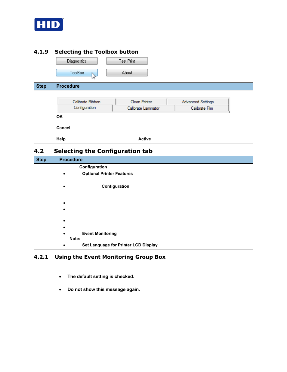 9 selecting the toolbox button, 2 selecting the configuration tab, 1 using the event monitoring group box | HID FARGO HDP5000 User Guide User Manual | Page 16 / 100