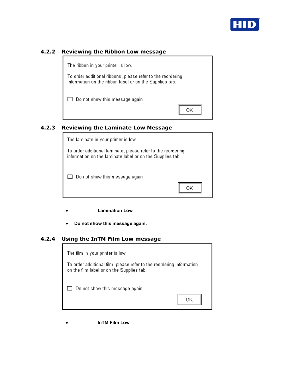 2 reviewing the ribbon low message, 3 reviewing the laminate low message, 4 using the intm film low message | HID FARGO HDP5000 User Guide User Manual | Page 17 / 100