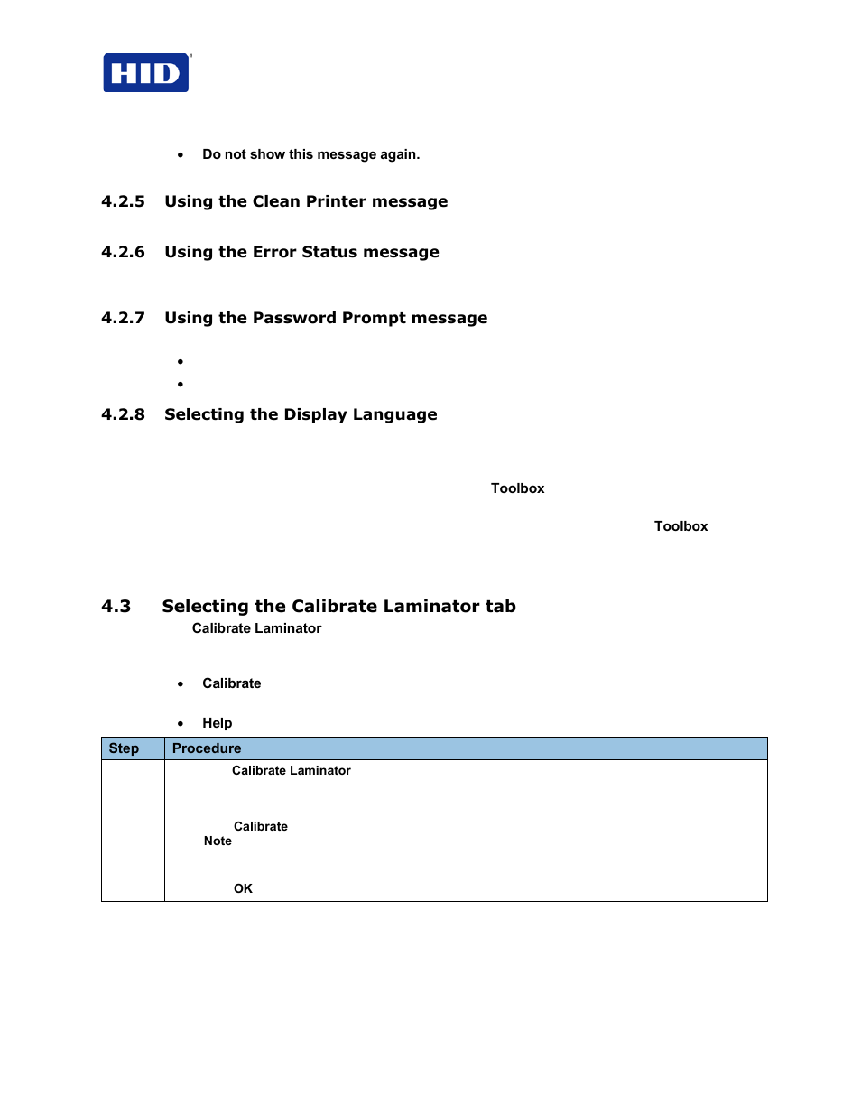 5 using the clean printer message, 6 using the error status message, 7 using the password prompt message | 8 selecting the display language, 3 selecting the calibrate laminator tab | HID FARGO HDP5000 User Guide User Manual | Page 18 / 100