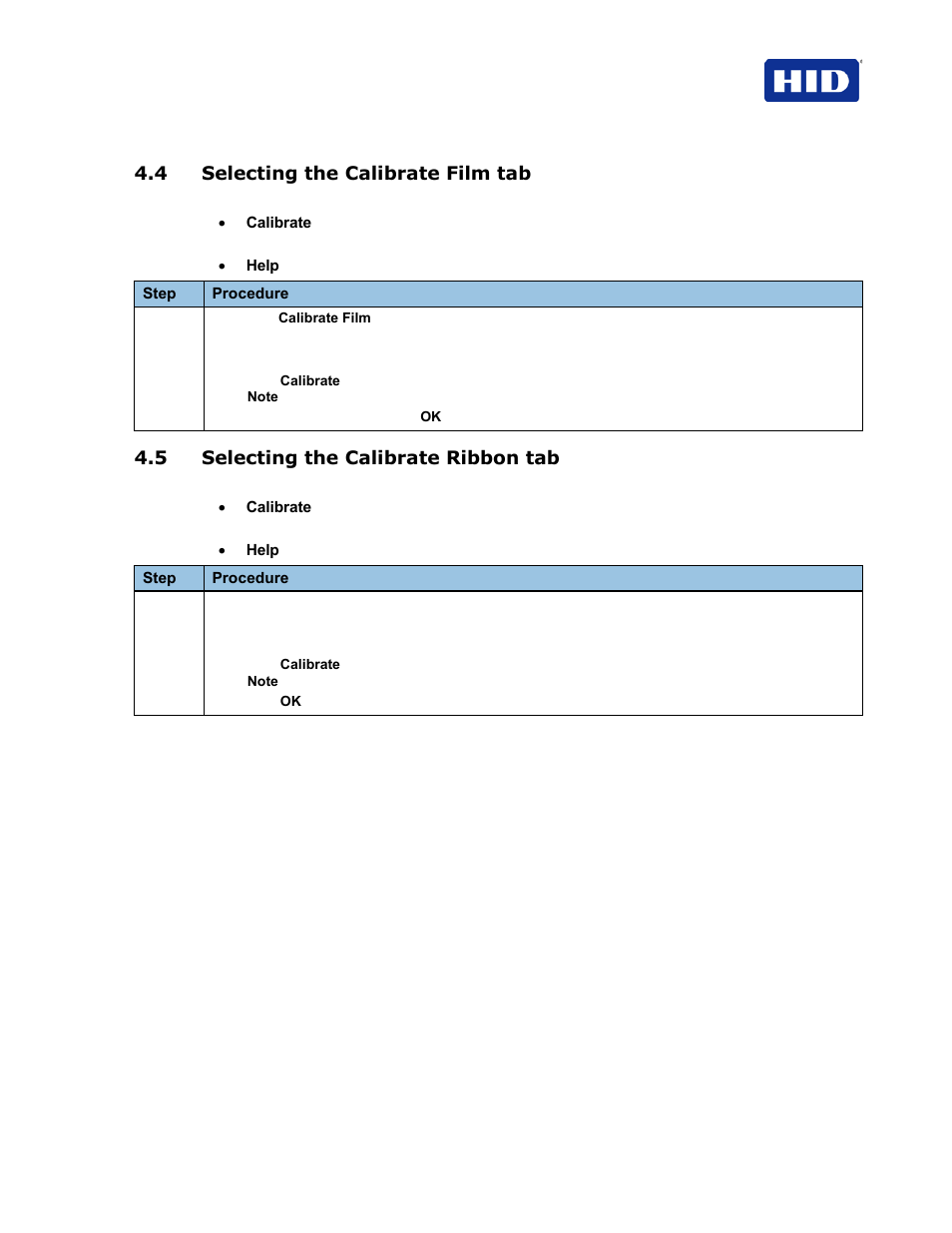 4 selecting the calibrate film tab, 5 selecting the calibrate ribbon tab | HID FARGO HDP5000 User Guide User Manual | Page 19 / 100