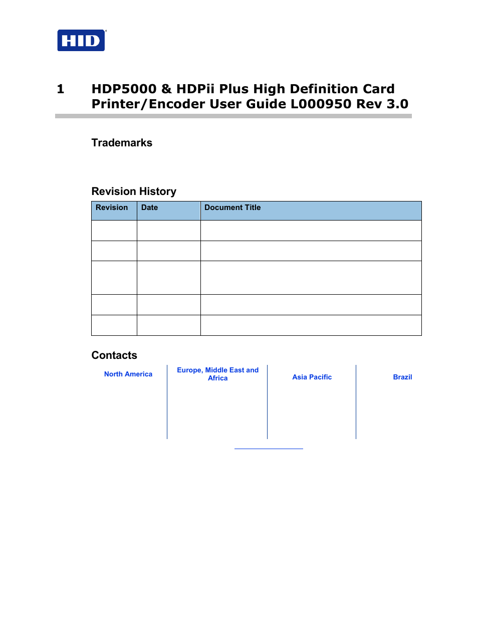 Trademarks, Revision history, Contacts | HID FARGO HDP5000 User Guide User Manual | Page 2 / 100