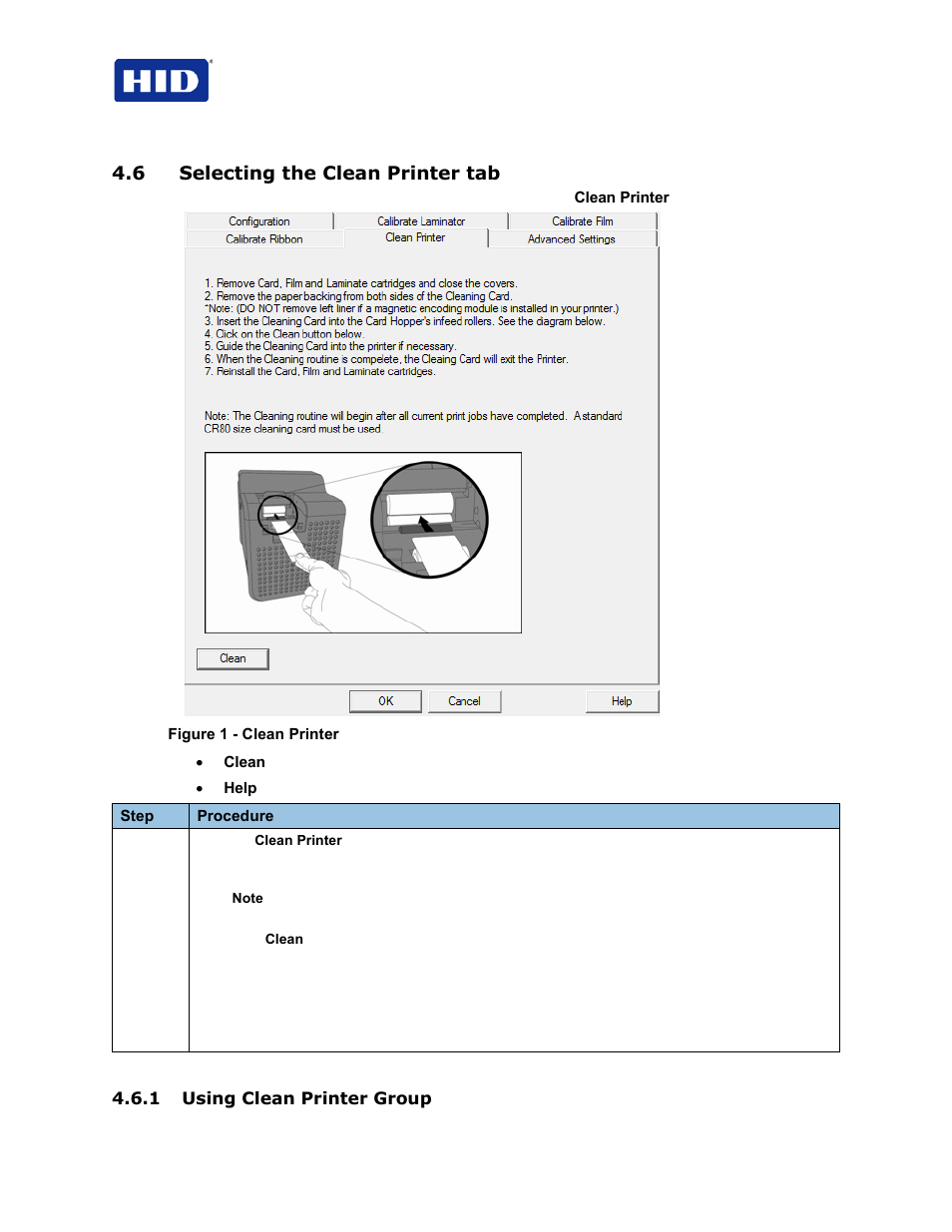 6 selecting the clean printer tab, 1 using clean printer group | HID FARGO HDP5000 User Guide User Manual | Page 20 / 100