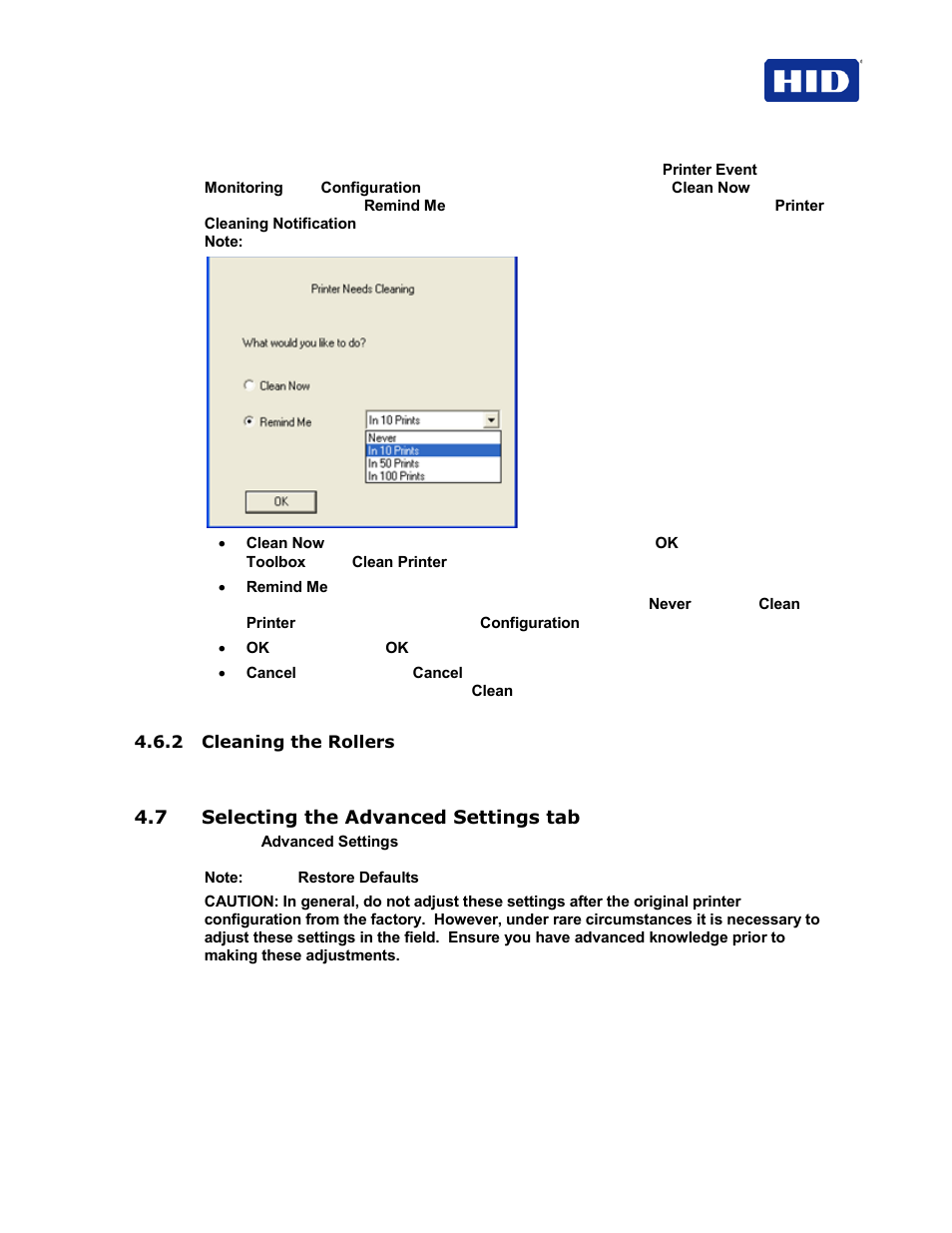 2 cleaning the rollers, 7 selecting the advanced settings tab | HID FARGO HDP5000 User Guide User Manual | Page 21 / 100