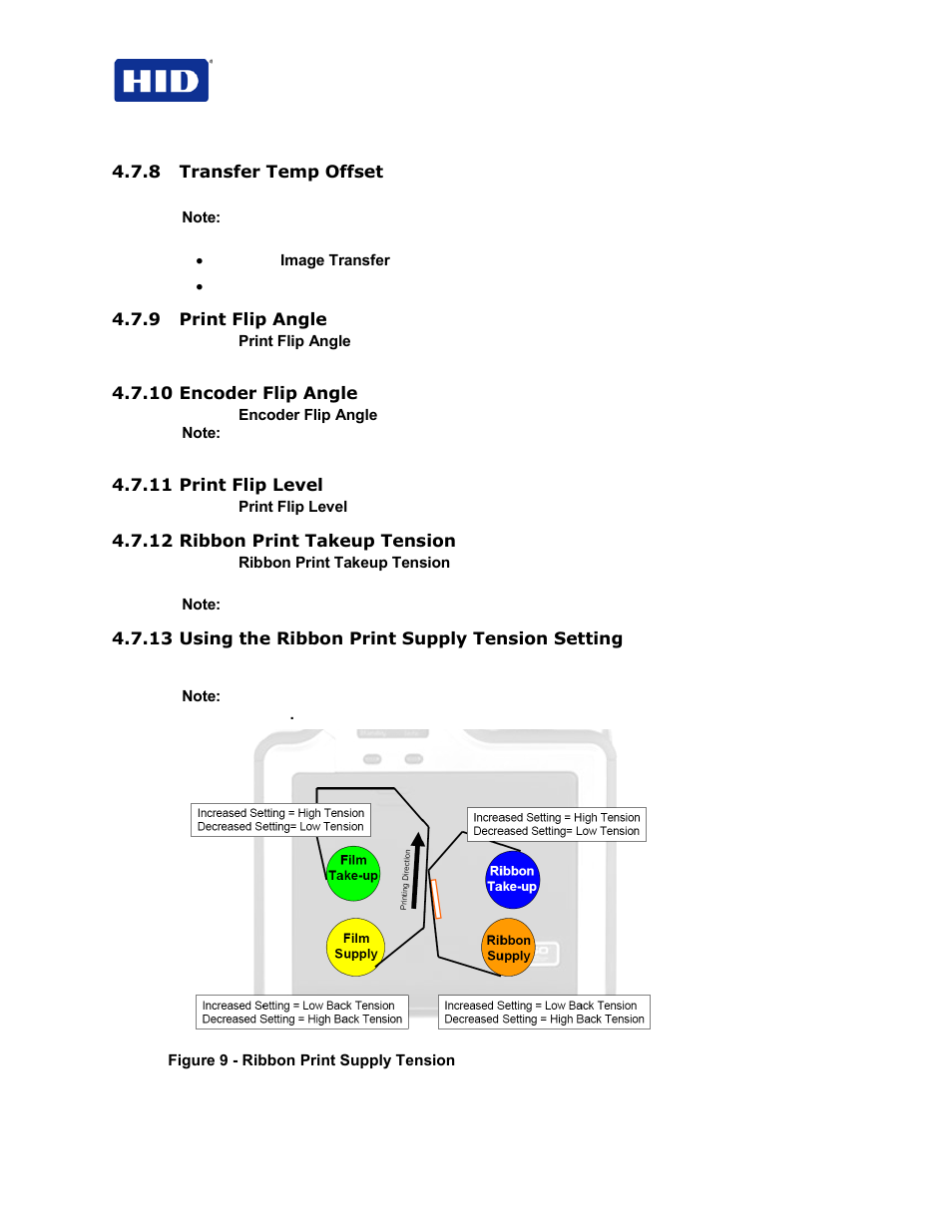 8 transfer temp offset, 9 print flip angle, 10 encoder flip angle | 11 print flip level, 12 ribbon print takeup tension, 13 using the ribbon print supply tension setting | HID FARGO HDP5000 User Guide User Manual | Page 28 / 100