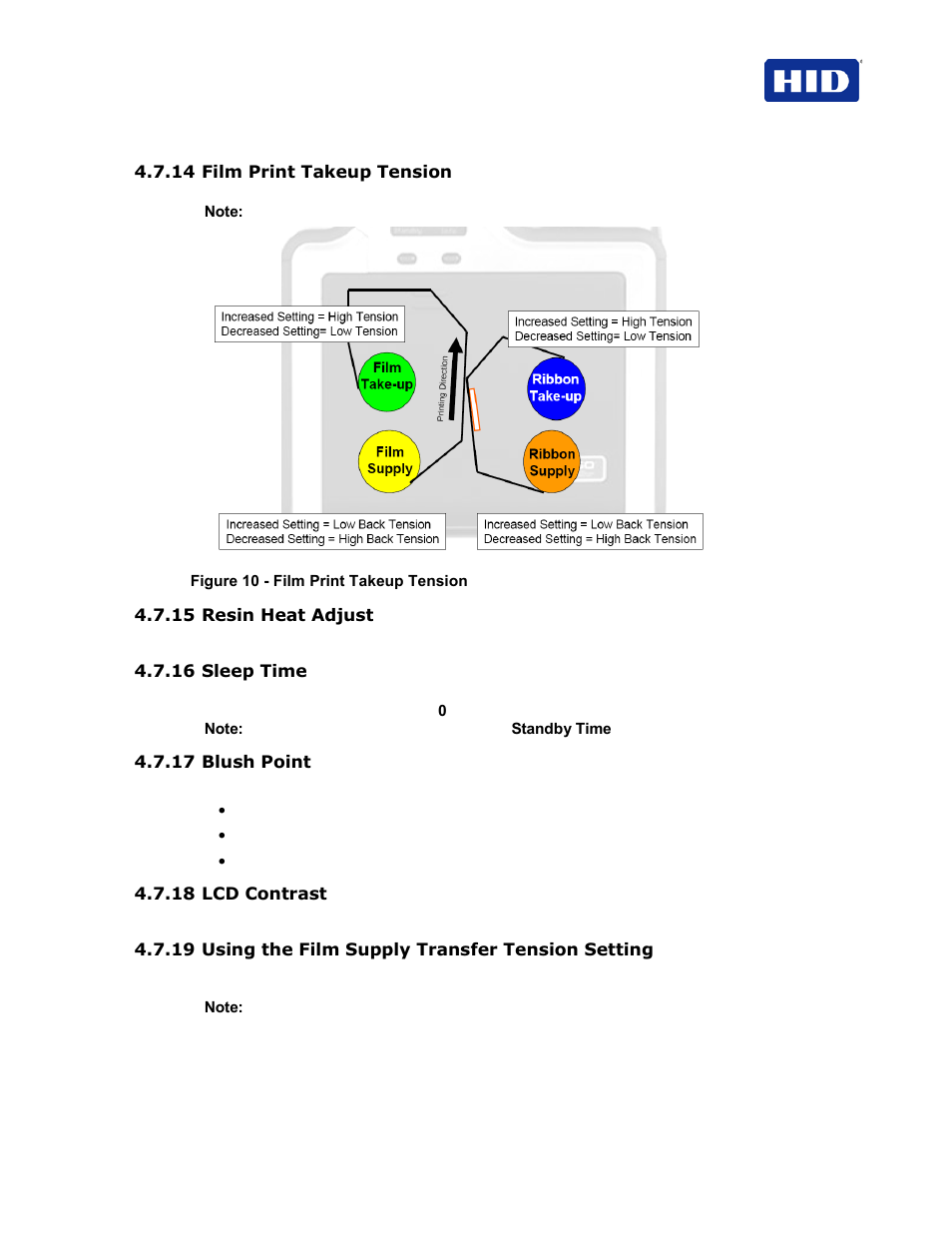 14 film print takeup tension, 15 resin heat adjust, 16 sleep time | 17 blush point, 18 lcd contrast, 19 using the film supply transfer tension setting | HID FARGO HDP5000 User Guide User Manual | Page 29 / 100