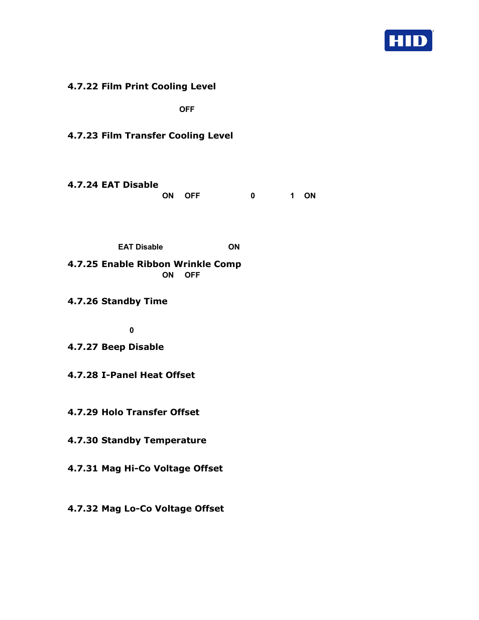 22 film print cooling level, 23 film transfer cooling level, 24 eat disable | 25 enable ribbon wrinkle comp, 26 standby time, 27 beep disable, 28 i-panel heat offset, 29 holo transfer offset, 30 standby temperature, 31 mag hi-co voltage offset | HID FARGO HDP5000 User Guide User Manual | Page 31 / 100