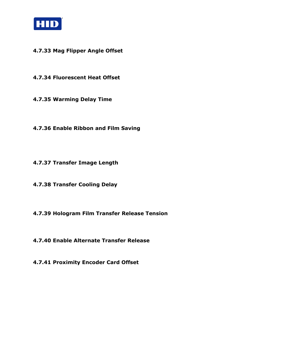 33 mag flipper angle offset, 34 fluorescent heat offset, 35 warming delay time | 36 enable ribbon and film saving, 37 transfer image length, 38 transfer cooling delay, 39 hologram film transfer release tension, 40 enable alternate transfer release, 41 proximity encoder card offset | HID FARGO HDP5000 User Guide User Manual | Page 32 / 100
