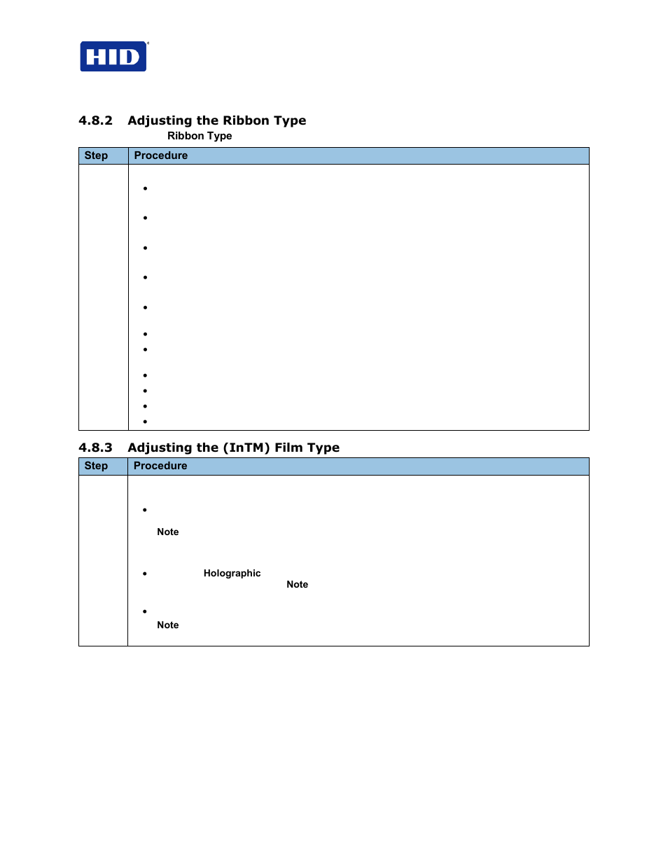2 adjusting the ribbon type, 3 adjusting the (intm) film type | HID FARGO HDP5000 User Guide User Manual | Page 36 / 100