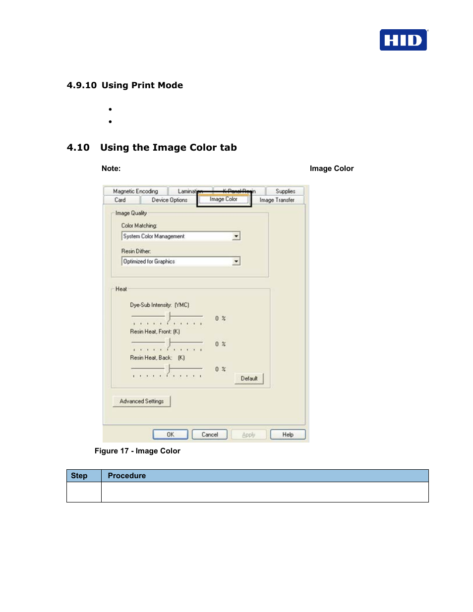 10 using print mode, 10 using the image color tab | HID FARGO HDP5000 User Guide User Manual | Page 43 / 100