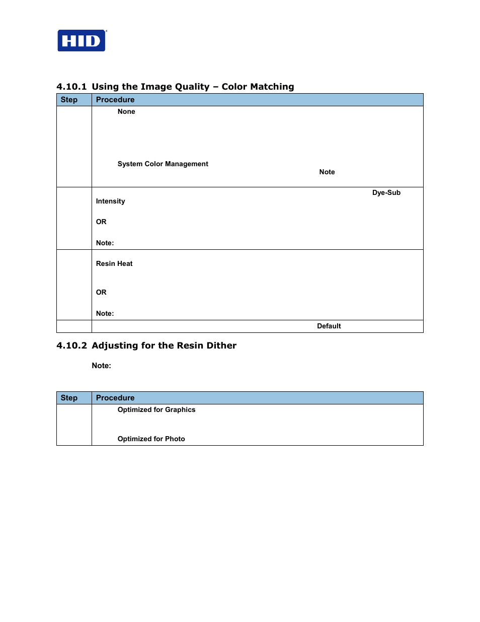 1 using the image quality – color matching, 2 adjusting for the resin dither | HID FARGO HDP5000 User Guide User Manual | Page 44 / 100