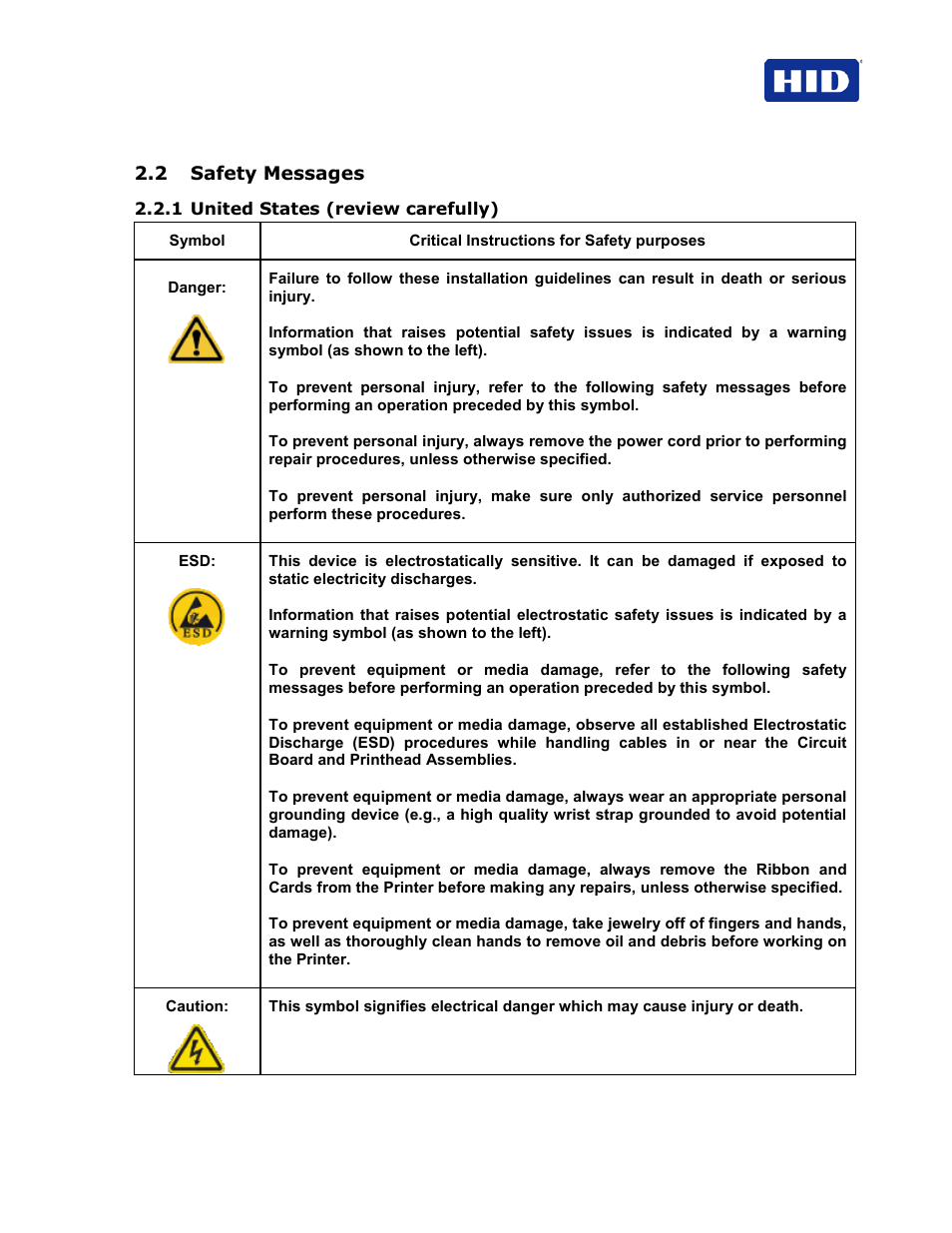 2 safety messages, 1 united states (review carefully) | HID FARGO HDP5000 User Guide User Manual | Page 5 / 100