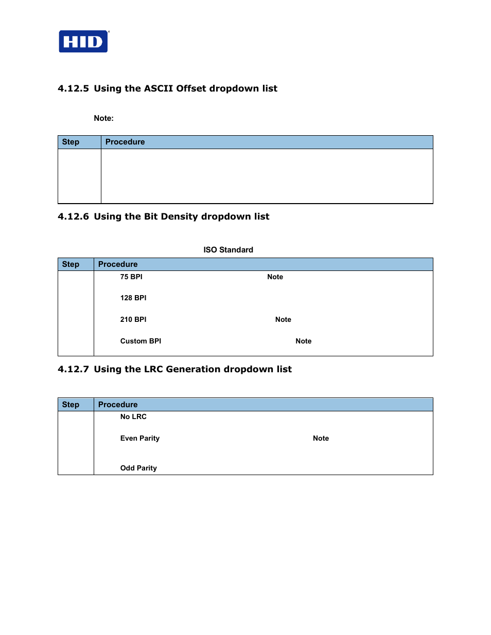 5 using the ascii offset dropdown list, 6 using the bit density dropdown list, 7 using the lrc generation dropdown list | HID FARGO HDP5000 User Guide User Manual | Page 52 / 100