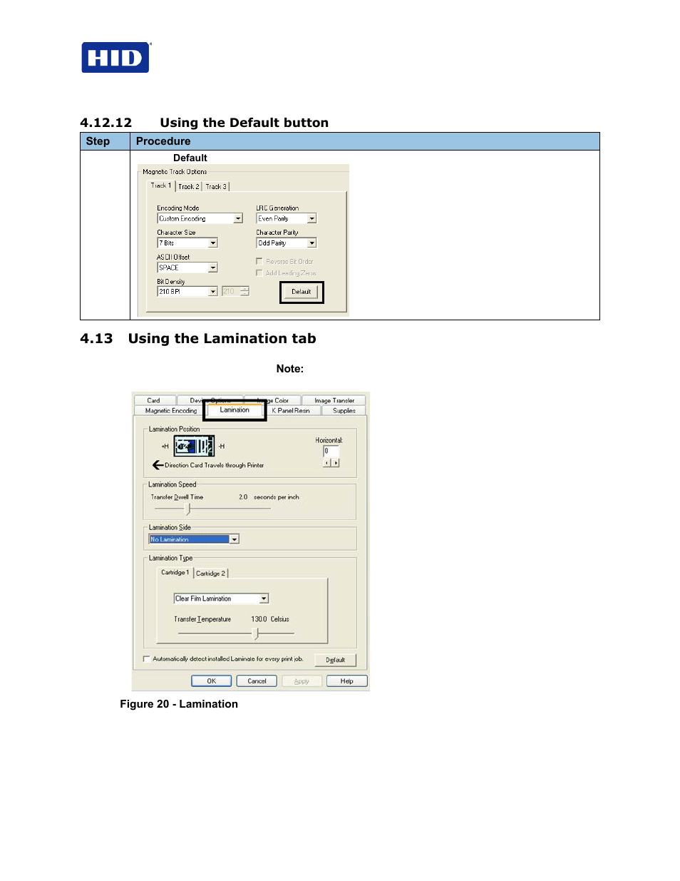 12 using the default button, 13 using the lamination tab | HID FARGO HDP5000 User Guide User Manual | Page 56 / 100