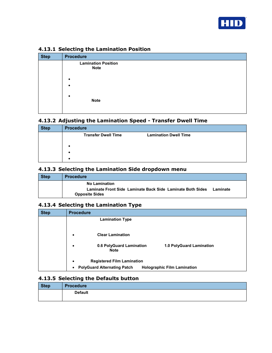 1 selecting the lamination position, 3 selecting the lamination side dropdown menu, 4 selecting the lamination type | 5 selecting the defaults button | HID FARGO HDP5000 User Guide User Manual | Page 57 / 100