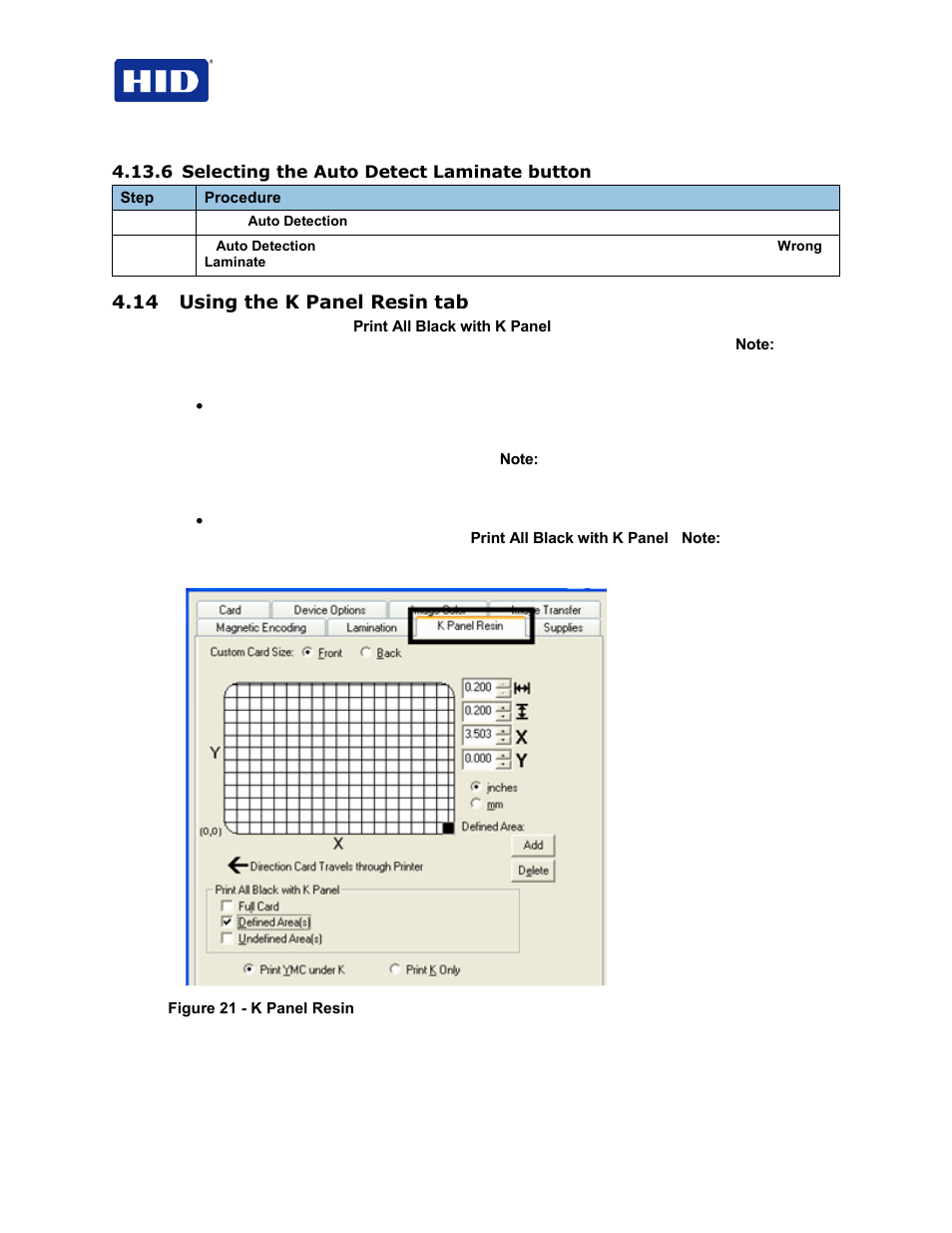 6 selecting the auto detect laminate button, 14 using the k panel resin tab | HID FARGO HDP5000 User Guide User Manual | Page 58 / 100