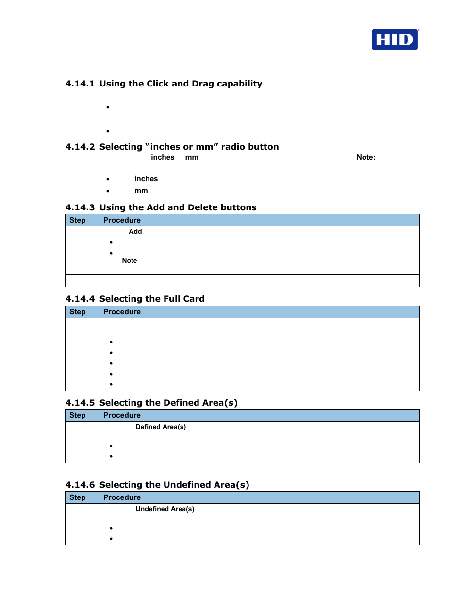 1 using the click and drag capability, 2 selecting “inches or mm” radio button, 3 using the add and delete buttons | 4 selecting the full card, 5 selecting the defined area(s), 6 selecting the undefined area(s) | HID FARGO HDP5000 User Guide User Manual | Page 59 / 100