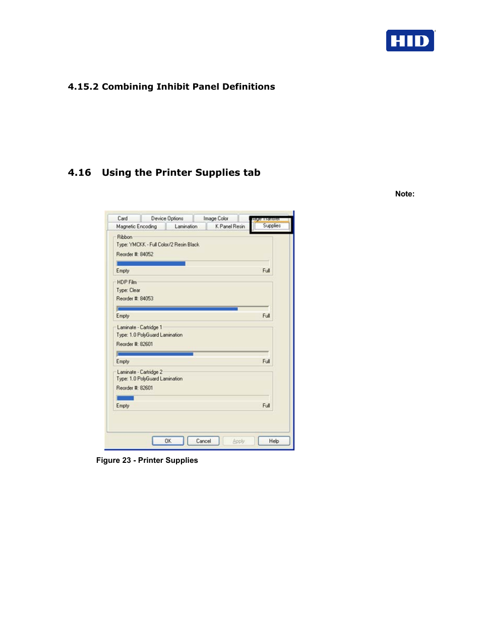 2 combining inhibit panel definitions, 16 using the printer supplies tab | HID FARGO HDP5000 User Guide User Manual | Page 63 / 100